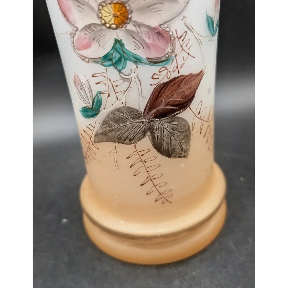 Antique Bristol Glass Vase Hand Painted Floral Frosted Scalloped Rim Peach White